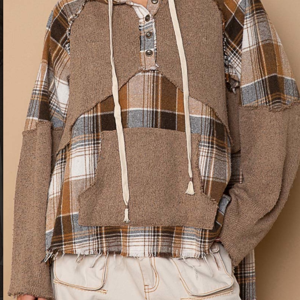 POL Plaid Oversized Hoodie Women's Plaid Contrast Top with Raw edge detail #S28 - Picture 6 of 7